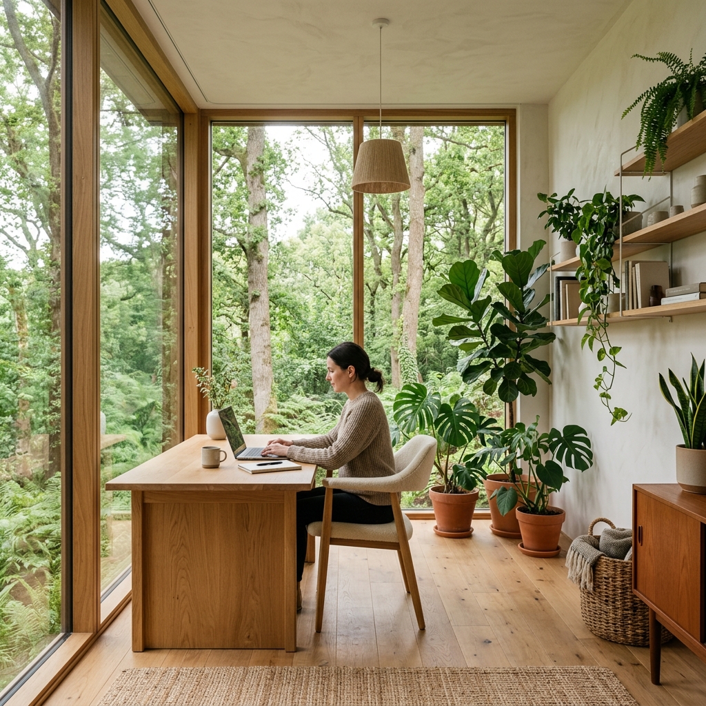 Biophilic Home Office filled with natural light and plants